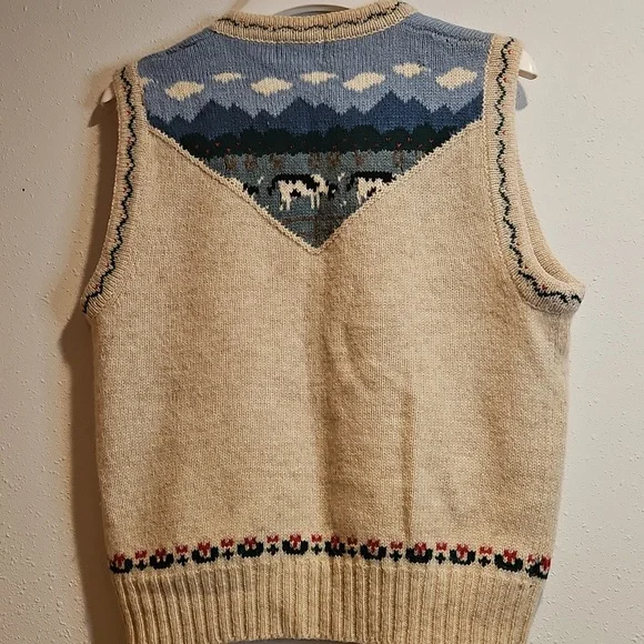Vintage Orvis 100% Shetland Wool Button Down Vest Cows Pasture Farm Scene Sz M - Picture 3 of 5